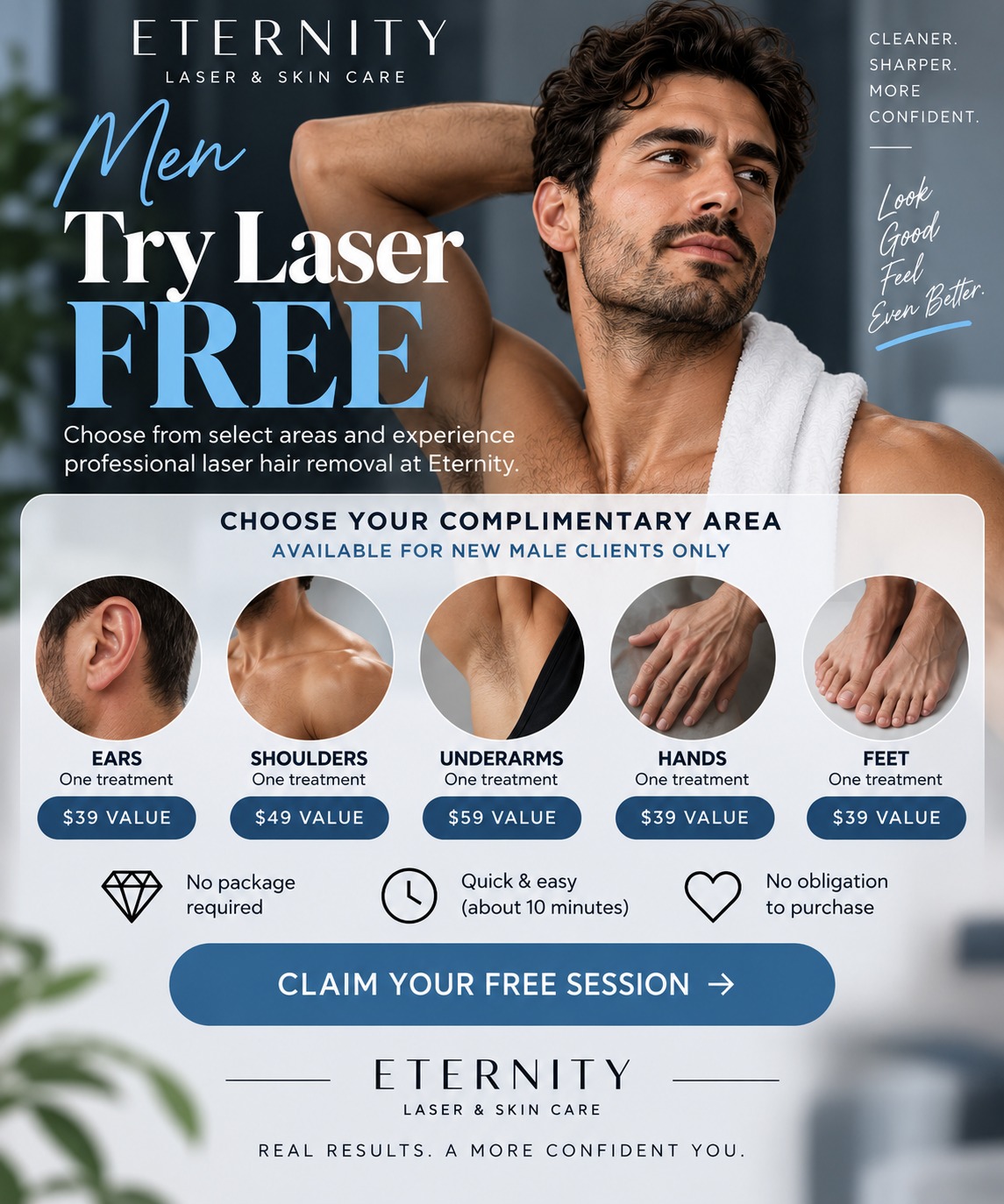 Men’s complimentary laser hair removal options at Eternity Laser