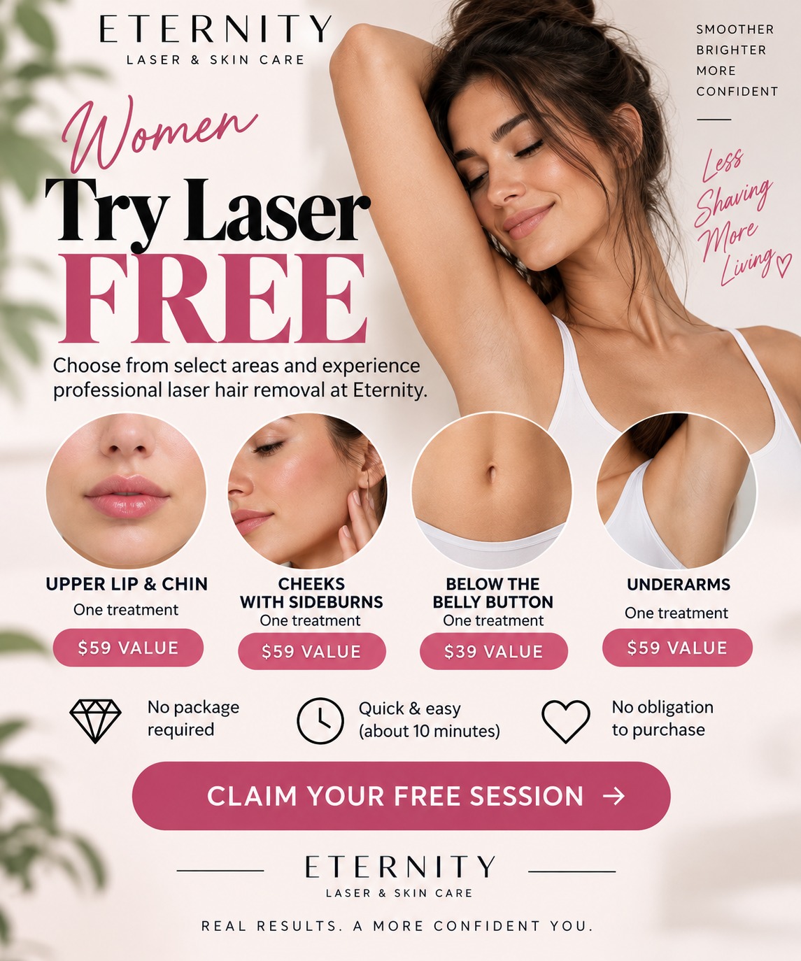 Women’s complimentary laser hair removal options at Eternity Laser